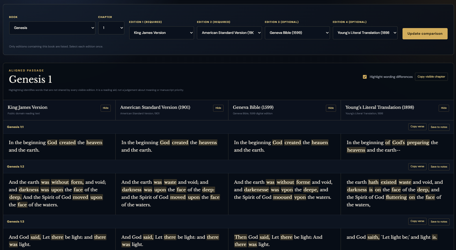 Biblical Vault Bible comparison workspace with multiple editions aligned verse by verse