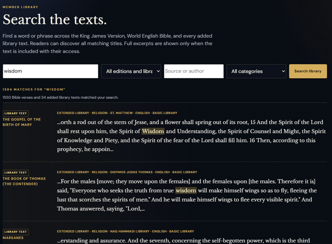 Biblical Vault search with text, edition, source or author, and category filters