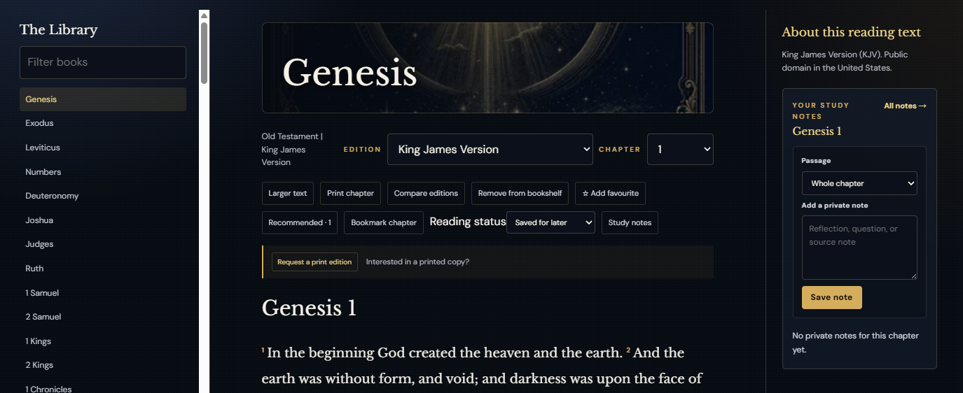 Biblical Vault reading screen showing edition and chapter selection, bookshelf, favourite, recommendation, bookmark, reading status, print request, and private study notes controls