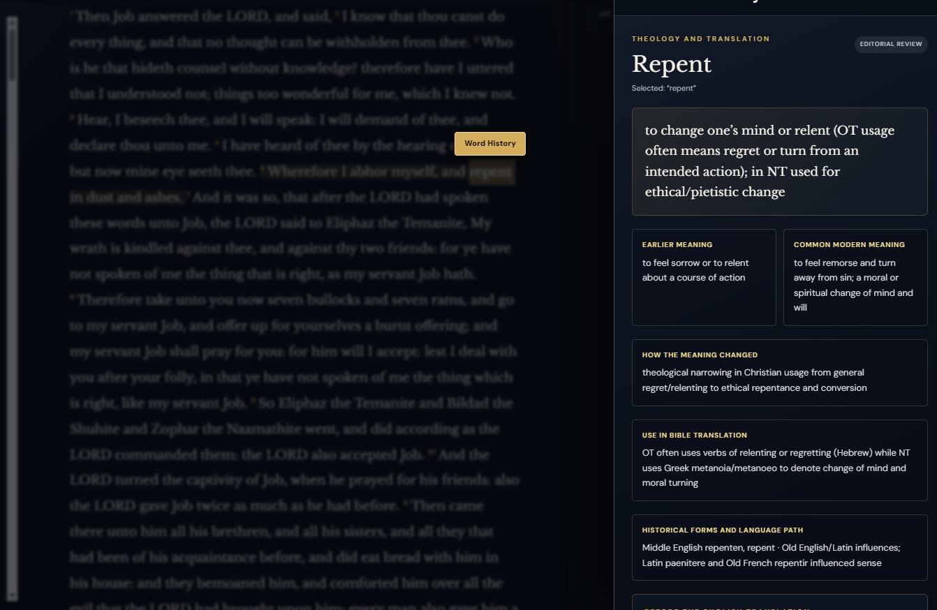 Biblical Vault Word History explaining historical and modern meanings beside a Bible passage